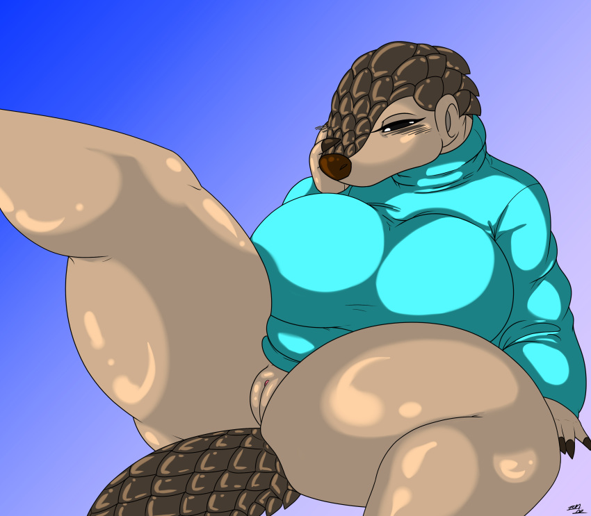 anthro big_breasts blush bottomless breasts butt claws clothed clothing digital_media_(artwork) eyelashes female grace_(thepainfultruth) huge_breasts mammal mature_female pangolin presenting pussy scales simple_background slightly_chubby solo spreading sweater thepainfultruth thick_thighs turtleneck wide_hips