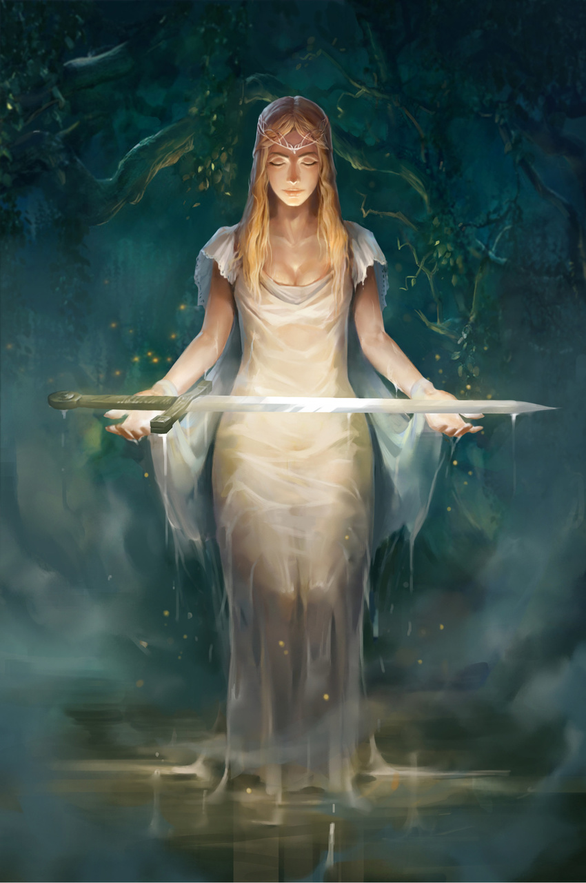 absurdres artstation_sample blonde_hair breasts cleavage closed_eyes dress dripping facing_viewer fog highres image_sample li_qian long_hair outdoors outstretched_arms reflection solo standing sword tiara tree weapon white_dress