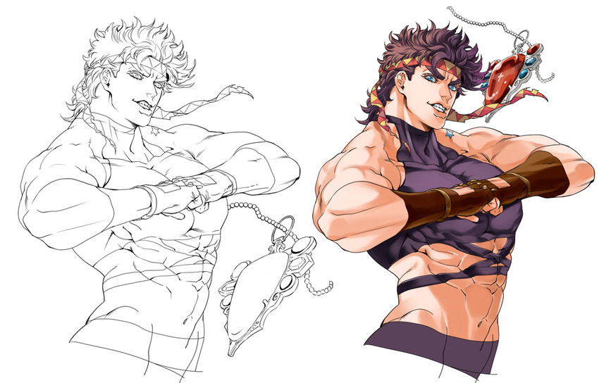 abs birthmark blue_eyes brown_hair chaashuu clenched_hands clenched_teeth fingerless_gloves gloves joestar_birthmark jojo_no_kimyou_na_bouken joseph_joestar_(young) lineart male_focus muscle navel red_stone_of_aja solo teeth upper_body