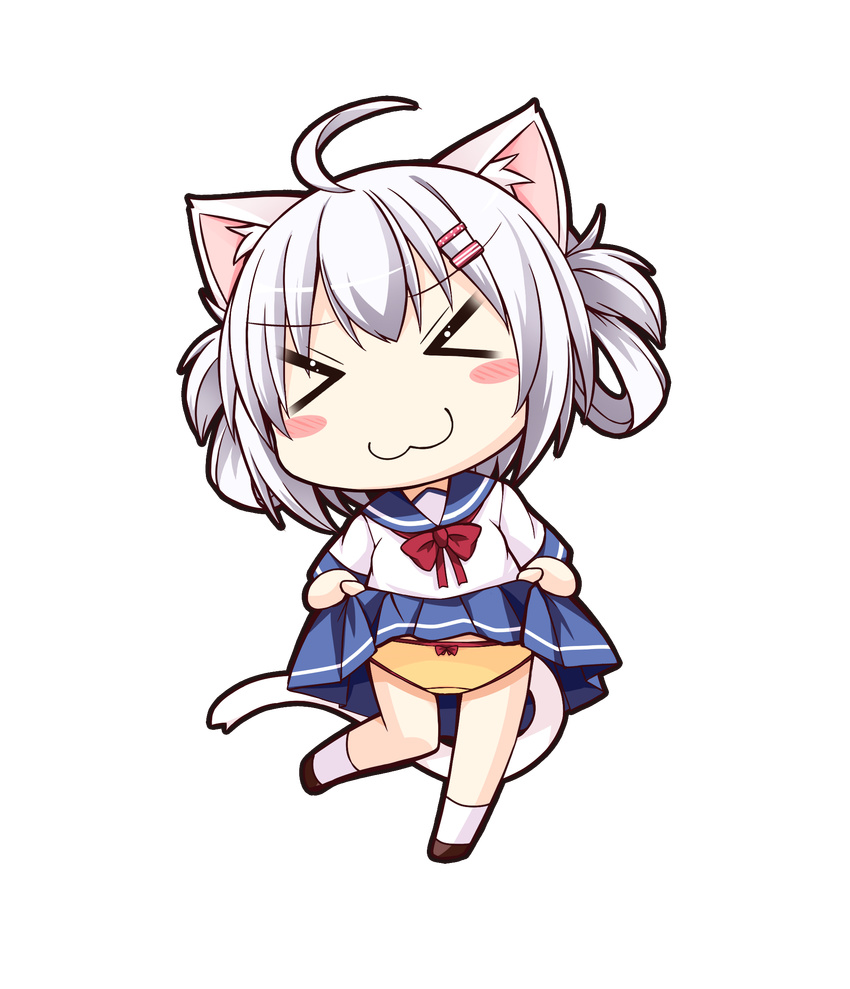 &gt;_&lt; :3 ahoge animal_ears blush_stickers bow bow_panties bowtie cat_ears cat_tail chibi closed_eyes full_body hair_ornament hairclip highres original panties sakuraba_hikaru_(loveindog) school_uniform serafuku silver_hair skirt skirt_lift solo sugimura_runa tail transparent_background underwear yellow_panties