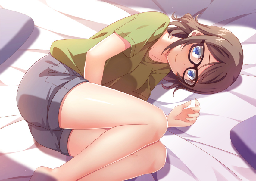 blue_eyes breasts brown_hair glasses looking_at_viewer love_live! love_live!_sunshine!! lying medium_breasts mmrailgun on_side shirt short_hair shorts smile solo t-shirt watanabe_you
