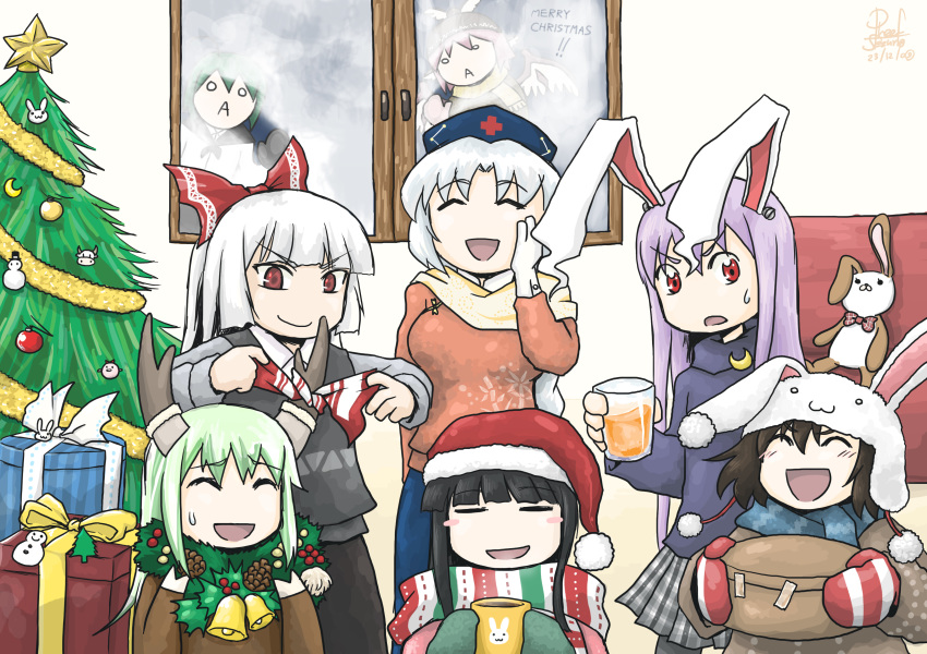 !! 1girl 6+girls :d absurdres animal_ears animal_hat arm_up arms_up bangs bell black_gloves black_hair black_hat black_legwear black_shirt black_skirt black_vest blue_hat blue_scarf blue_skirt blush blush_stickers bow breasts brown_coat brown_shirt bunny_ears bunny_hat bunny_symbol chibi christmas_ornaments christmas_sweater christmas_tree closed_mouth coat commentary_request cow crescent_moon cross cup dated english_text eyes_closed fake_antlers fujiwara_no_mokou fur-trimmed_hat garland_(decoration) gift gloves green_gloves green_hair grey_skirt grey_sleeves hair_between_eyes hair_bow hand_on_own_face hat highres holding holding_cup holding_gift imperishable_night indoors long_hair long_skirt long_sleeves looking_at_viewer looking_to_the_side medium_breasts merry_christmas moon multiple_girls neck_bell nurse_cap o_o open_mouth pantyhose party pinecone pink_hair plaid plaid_bow plaid_neckwear plaid_skirt pleated_skirt pompompurin purple_hair red_bow red_eyes red_gloves red_neckwear reef reisen_udongein_inaba santa_hat scarf shirt short_hair signature skirt smile snowman solo standing striped striped_scarf stuffed_animal stuffed_bunny stuffed_toy sweatdrop tape touhou tying v-shaped_eyebrows vest white_bow white_hair white_shirt window window_fog window_writing wreath yellow_bow yellow_scarf