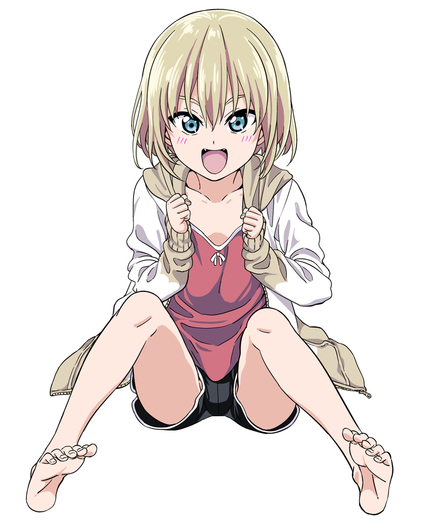 bangs bare_legs barefoot blonde_hair blue_eyes blush commentary_request fang feet full_body girls_und_panzer highres hiroyuki hood hoodie katyusha long_sleeves looking_at_viewer md5_mismatch open_clothes open_hoodie open_mouth short_hair shorts sitting smile soles solo spread_legs toes