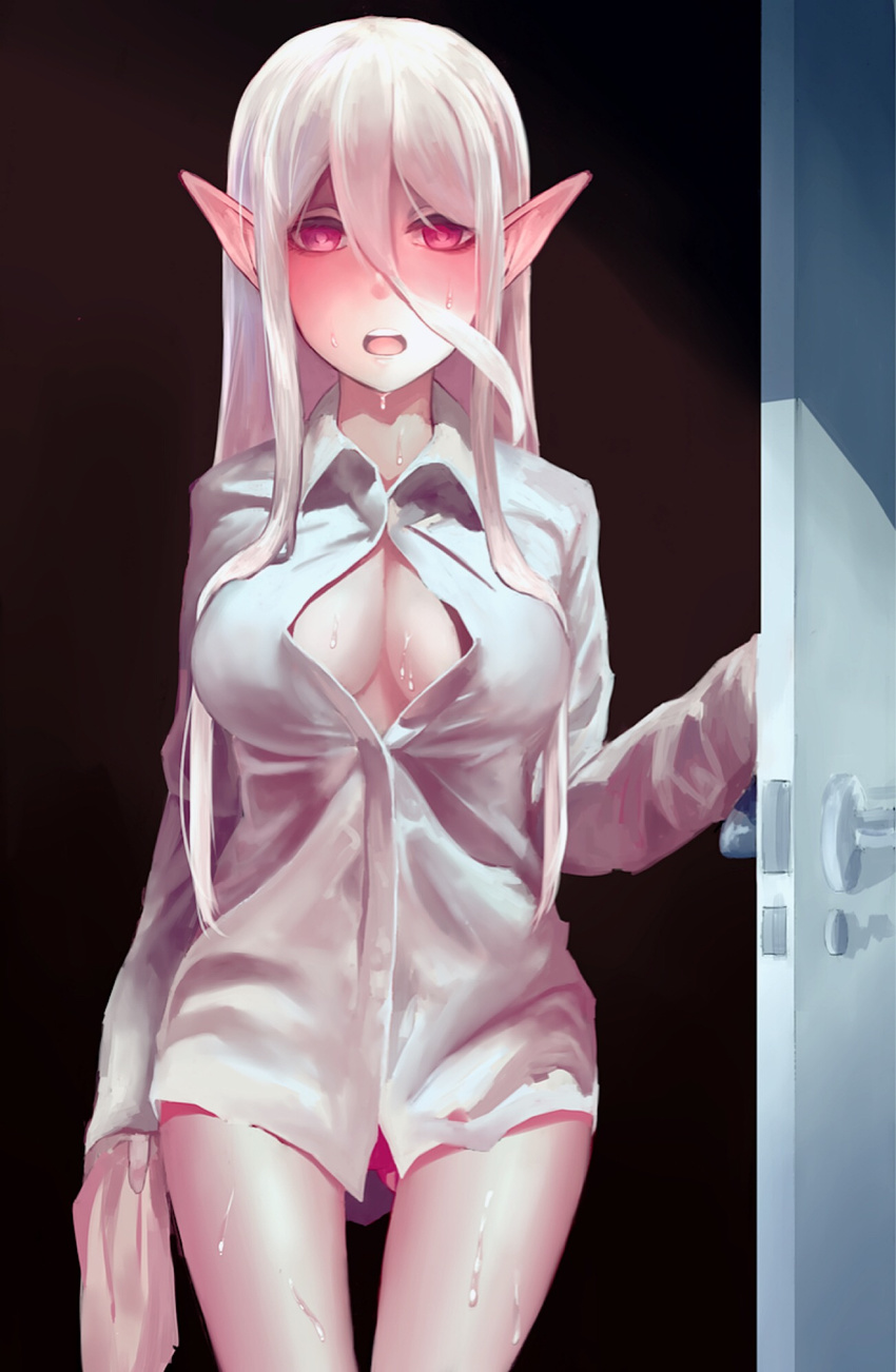 ass_visible_through_thighs bemani blush breasts collared_shirt door doorway dress_shirt hair_between_eyes highres holding kareha_(kareha_kr) long_hair medium_breasts nose_blush open_clothes open_door open_mouth open_shirt ortlinde=nblg=valkyria pointy_ears red_eyes shirt sleeves_past_wrists solo sound_voltex standing very_long_hair wet white_hair wing_collar
