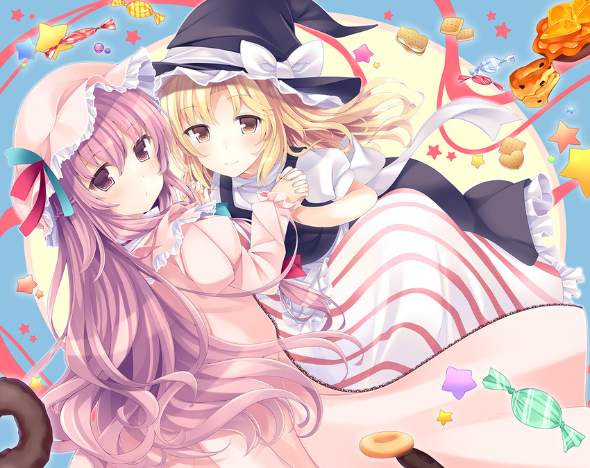 ajiriko banned_artist biscuit blonde_hair blush bow candy doughnut food hands_clasped hands_together hat hat_bow kirisame_marisa long_hair mob_cap multiple_girls own_hands_together patchouli_knowledge purple_eyes purple_hair star touhou witch_hat yellow_eyes