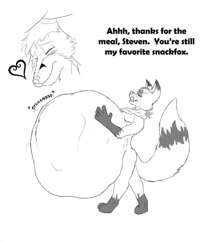 &lt;3 2013 5_fingers anthro bandanna belly_expansion blush canine dialogue digital_media_(artwork) digitigrade duo english_text eyes_closed facial_markings fenrisulfr fluffy fluffy_tail fox gloves_(marking) hand_on_stomach hi_res inflation internal licking licking_lips male mammal markings monochrome navel nude post_vore simple_background socks_(marking) text tongue tongue_out vore walking white_background