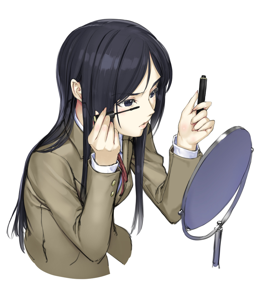 applying_makeup bad_id bad_pixiv_id black_eyes black_hair blazer blush breasts cropped_torso eyelashes highres holding jacket kurihara_mari_(prison_school) long_hair long_sleeves makeup mascara mascara_wand medium_breasts miniskirt mirror nakabayashi_reimei neck_ribbon pleated_skirt prison_school red_ribbon ribbon school_uniform shirt simple_background skirt solo upper_body white_background white_shirt