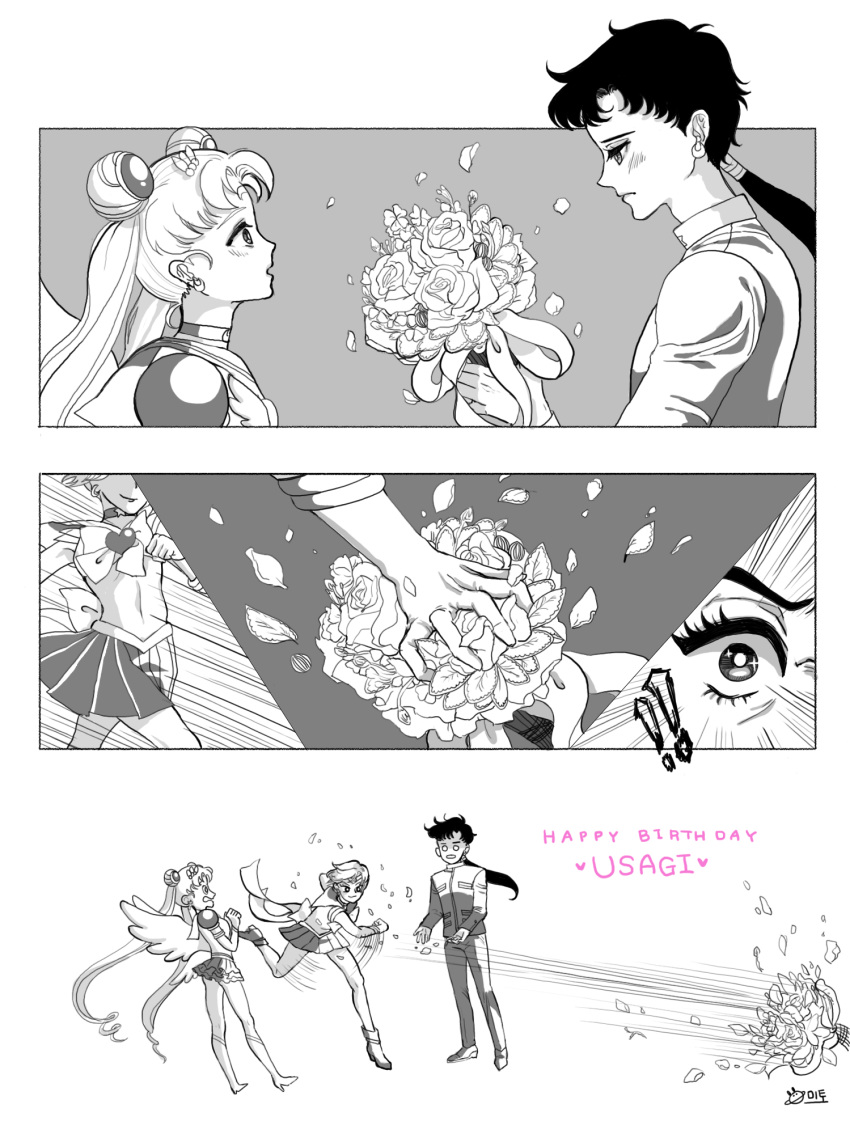 !! 3girls back_bow bishoujo_senshi_sailor_moon blush boots bouquet bow brooch character_name choker close-up comic commentary_request double_bun earrings elbow_gloves eternal_sailor_moon facial_mark flower forehead_mark gloves grabbing greyscale hair_ornament happy_birthday highres holding holding_bouquet jealous jewelry layered_skirt long_hair long_sleeves magical_girl miniskirt mito_(mitonim) monochrome motion_lines multiple_girls o_o pants petals pleated_skirt ponytail profile puffy_short_sleeves puffy_sleeves running sailor_collar sailor_moon sailor_senshi_uniform sailor_uranus seiya_kou short_hair short_sleeves silent_comic skirt spot_color ten'ou_haruka throwing tsukino_usagi twintails very_long_hair wings