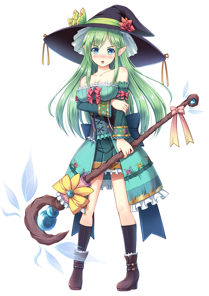 absurdres akashio_(loli_ace) aqua_eyes bare_shoulders blush boots brave_girl_ravens breasts detached_sleeves dress floral_print full_body green_hair hat highres holding large_breasts liza_kubareil long_hair looking_at_viewer open_mouth pleated_skirt pointy_ears ribbon short_dress skirt solo staff standing white_background witch_hat