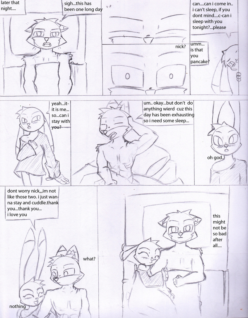 angry anthro bed bottomless canine clothed clothing comic disney door female fox hug inside judy_hopps lagomorph male mammal nick_wilde pace2n9tmaker pillow rabbit simple_backround topless zootopia