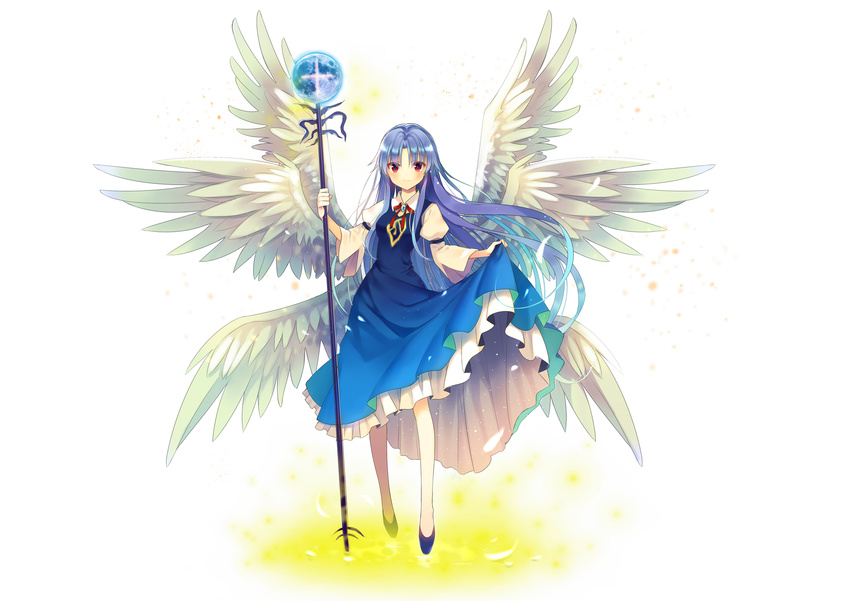 angel angel_wings bangs blue_dress blue_footwear blue_hair blush breasts brooch cross dress eyebrows eyebrows_visible_through_hair feathered_wings feathers full_body highres jewelry jiji_(381134808) legs_apart light_particles long_hair looking_at_viewer multiple_wings neck_ribbon red_eyes red_ribbon ribbon sariel seraph shoes simple_background skirt_hold small_breasts smile solo sphere staff standing touhou touhou_(pc-98) very_long_hair white_background white_wings wide_sleeves wings