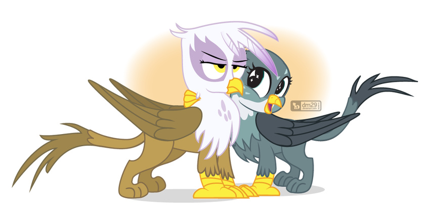 avian beak brown_feathers dm29 duo feathered_wings feathers female feral friendship_is_magic gabby_(mlp) gilda_(mlp) green_eyes grey_feathers gryphon my_little_pony open_mouth simple_background smile wings yellow_beak yellow_eyes