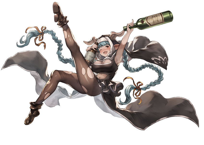 ;d ankle_boots bangs blue_hair blunt_bangs blush boots bottle braid breasts brown_eyes brown_footwear brown_legwear brown_ribbon cleavage draph drunk granblue_fantasy habit hair_ribbon highres holding holding_bottle horns kanechi lamretta large_breasts leg_up long_hair looking_at_viewer midair midriff navel navel_cutout nose_blush nun official_style one_eye_closed open_mouth pantyhose pinky_out pointy_ears ribbon simple_background smile solo stomach torn_clothes torn_legwear twin_braids very_long_hair white_background wine_bottle