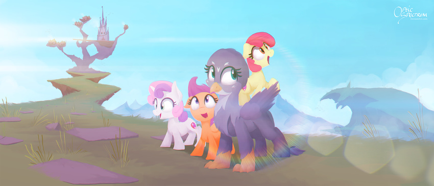 2016 apple_bloom_(mlp) avian cloud cutie_mark cutie_mark_crusaders_(mlp) earth_pony equine feathered_wings feathers female feral friendship_is_magic fur gabby_(mlp) grass grey_feathers group gryphon hair horn horse landscape mammal multicolored_hair my_little_pony nature opticspectrum orange_fur outside pegasus pony purple_eyes purple_hair red_hair scootaloo_(mlp) sky sweetie_belle_(mlp) unicorn white_fur wings yellow_fur