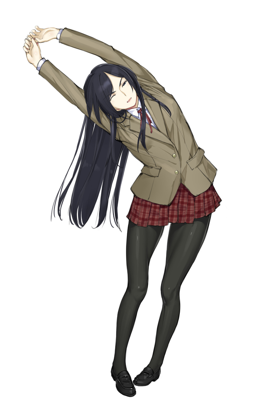 arms_up bad_id bad_pixiv_id black_eyes black_footwear black_hair black_legwear blazer buttons full_body highres jacket kurihara_mari_(prison_school) leaning_to_the_side loafers long_hair long_sleeves looking_at_viewer miniskirt nakabayashi_reimei neck_ribbon one_eye_closed own_hands_together pantyhose pigeon-toed plaid plaid_skirt pleated_skirt pocket prison_school red_ribbon red_skirt ribbon school_uniform shirt shoes simple_background skirt solo standing stretch white_background white_shirt