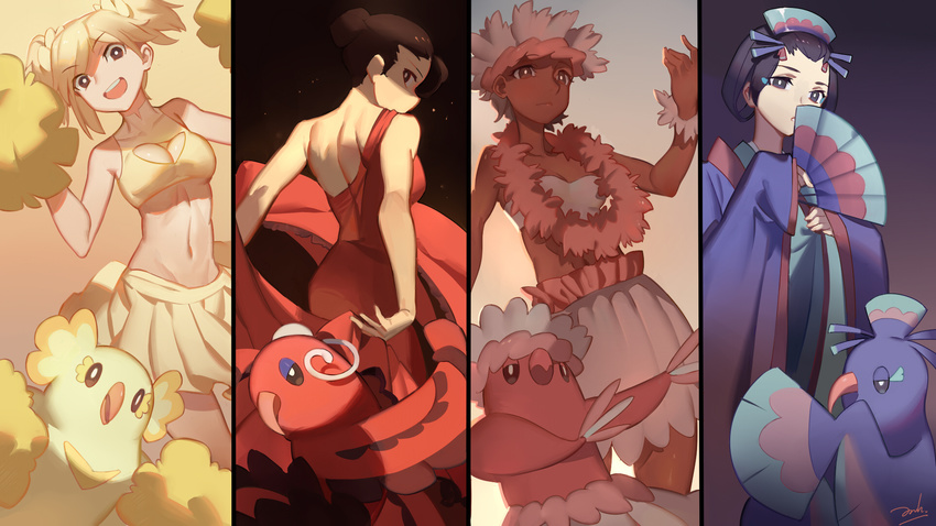 artist_name back bare_shoulders bianyuanqishi bird black_hair blonde_hair breasts brown_eyes brown_hair center_opening cleavage dancing dark_skin fan flower gen_7_pokemon hair_bun hat highres japanese_clothes jewelry lei long_hair medium_breasts midriff moemon multiple_girls navel necklace open_mouth oricorio personification pokemon pom_poms skirt teeth twintails