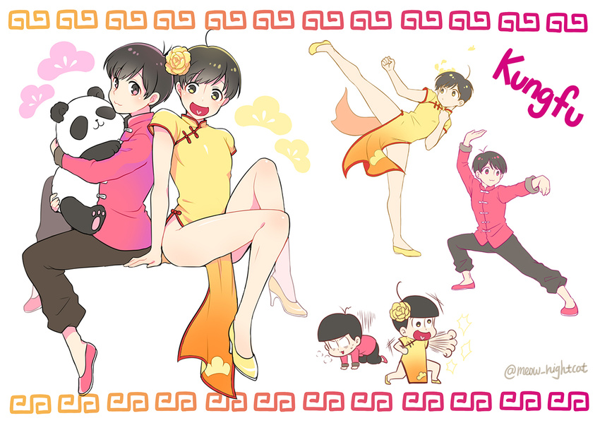 :3 :d brothers brown_eyes brown_hair china_dress chinese_clothes crossdressing dress fighting_stance flower hair_flower hair_ornament heart heart_in_mouth high_heels kung_fu male_focus matsuno_juushimatsu matsuno_todomatsu multiple_boys nightcat open_mouth osomatsu-kun osomatsu-san panda pose siblings sitting smile