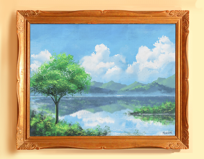 blue_sky cloud commentary day english_commentary frame grass highres lake making_of mclelun mountain mountainous_horizon original outdoors reflection scenery signature sky tree