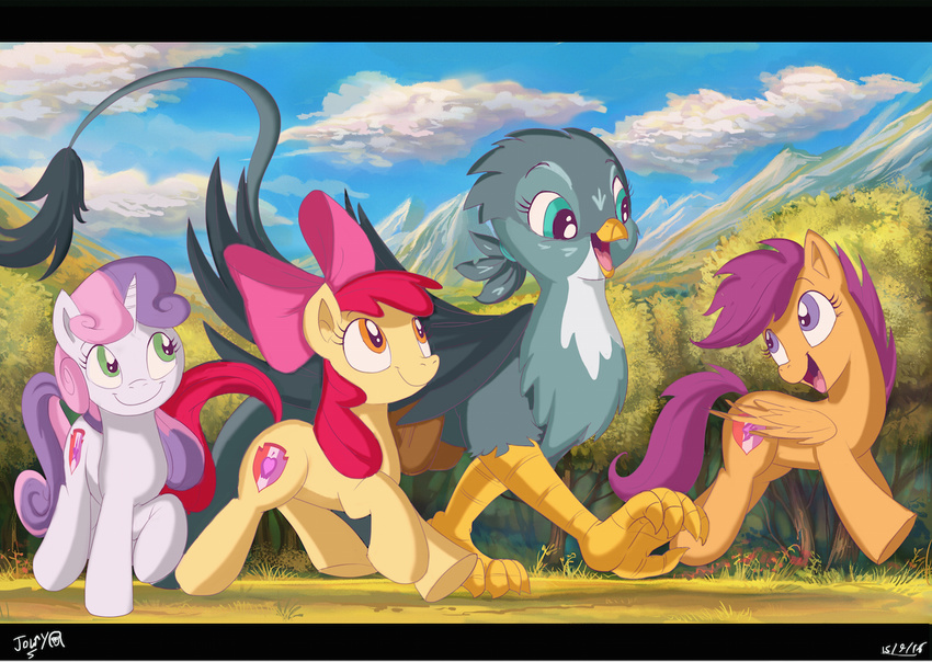 apple_bloom_(mlp) avian beak black_bars blue_eyes cutie_mark cutie_mark_crusaders_(mlp) day detailed_background earth_pony equine eyelashes feathered_wings feathers female friendship_is_magic fur gabby_(mlp) green_eyes grey_feathers gryphon hair hooves horn horse jowybean mammal my_little_pony nude open_mouth orange_feathers orange_fur outside pegasus pink_hair pony purple_eyes purple_hair red_hair scootaloo_(mlp) sky sweetie_belle_(mlp) tongue unicorn wings yellow_fur