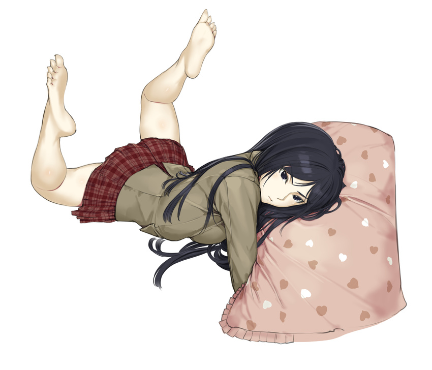 bad_id bad_pixiv_id bare_legs barefoot black_eyes black_hair blazer breasts full_body heart heart_print highres jacket kurihara_mari_(prison_school) legs_up long_hair long_sleeves looking_at_viewer lying medium_breasts miniskirt nakabayashi_reimei on_stomach pillow pillow_hug plaid plaid_skirt pleated_skirt pout print_pillow prison_school red_skirt school_uniform simple_background skirt soles solo white_background