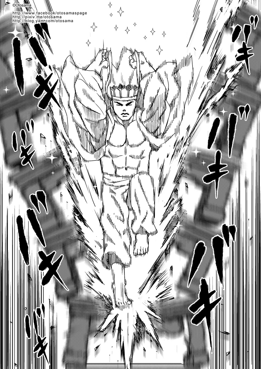 arms_up barefoot chinese closed_eyes closed_mouth collarbone comic crown elbow_gloves eyebrows feet_on_table full_body gloves greyscale highres journey_to_the_west kicking long_sleeves male_focus monochrome muscle navel otosama pants sparkle speed_lines table tang_sanzang thick_eyebrows watermark web_address wide_sleeves