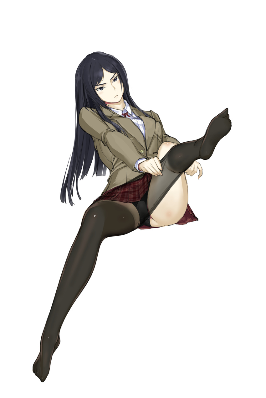 &gt;:( bad_id bad_pixiv_id black_eyes black_hair black_legwear black_panties blazer blush breasts buttons closed_mouth dressing eyelashes frown full_body highres invisible_chair jacket kurihara_mari_(prison_school) leg_up long_hair long_sleeves medium_breasts miniskirt nakabayashi_reimei neck_ribbon no_shoes panties pantyhose plaid plaid_skirt pleated_skirt pocket prison_school red_ribbon red_skirt ribbon school_uniform see-through shiny shiny_clothes shirt simple_background sitting skirt solo underwear v-shaped_eyebrows white_background white_shirt