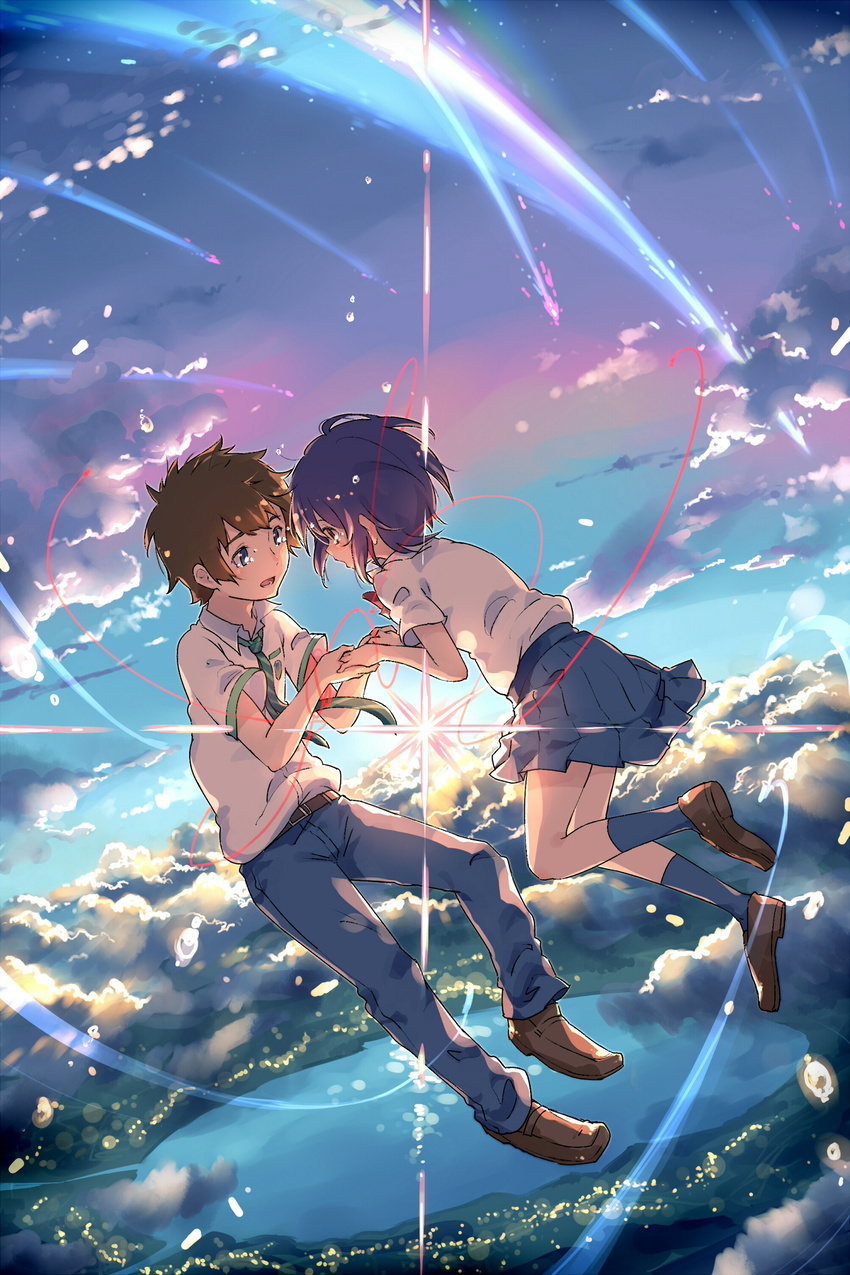1girl ayakashi_(monkeypanch) blue_hair brown_hair cloud commentary_request crying crying_with_eyes_open diffraction_spikes falling highres holding_hands kimi_no_na_wa miyamizu_mitsuha necktie open_mouth pleated_skirt pool red_string scenery school_uniform shirt short_hair short_sleeves skirt sky string tachibana_taki tears thread water_drop