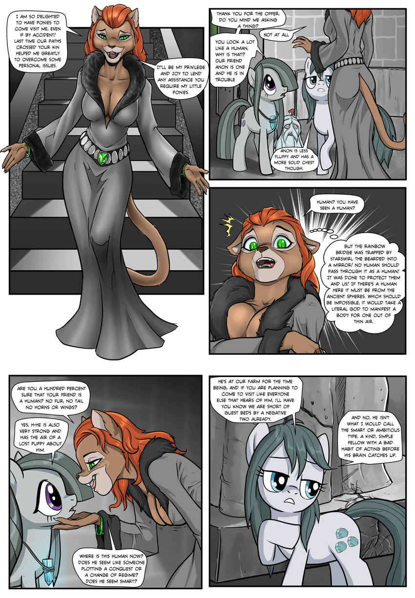 absurd_res anthro blue_eyes breasts brown_fur bushwoolies cat catrina_(mlp) claws clothed clothing cloudy_quartz_(mlp) comic cutie_mark daughter dialogue earth_pony emerald_(gem) equine feline female feral friendship_is_magic fur gem green_eyes grey_fur hair hi_res horse hurgus_(oc) jewelry mammal marble_pie_(mlp) monochrome mother mother_and_daughter multicolored_hair mushroom my_little_pony parent pencils_(artist) pony purple_eyes red_eyes red_hair smile two_tone_hair