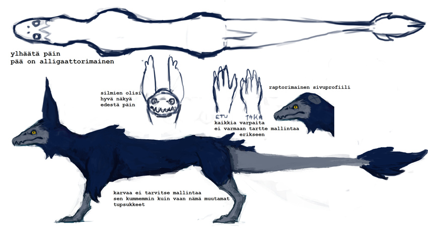 2016 ambiguous_gender blue_fur finnish_text fur grey_scales long_ears model_sheet monster mutisija scales simple_background solo standing teeth text white_background yellow_eyes