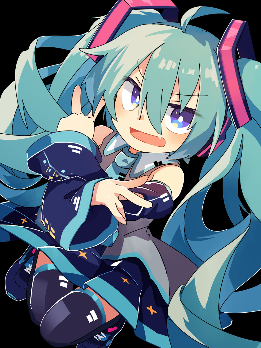 amakoke aqua_eyes bad_id bad_pixiv_id boots detached_sleeves double_v green_hair hatsune_miku headphones headset highres long_hair necktie skirt solo thigh_boots thighhighs twintails v very_long_hair vocaloid