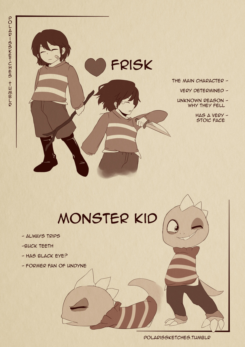 2016 ambiguous_gender english_text human male mammal monster monster_kid polarissketches protagonist_(undertale) text undertale video_games