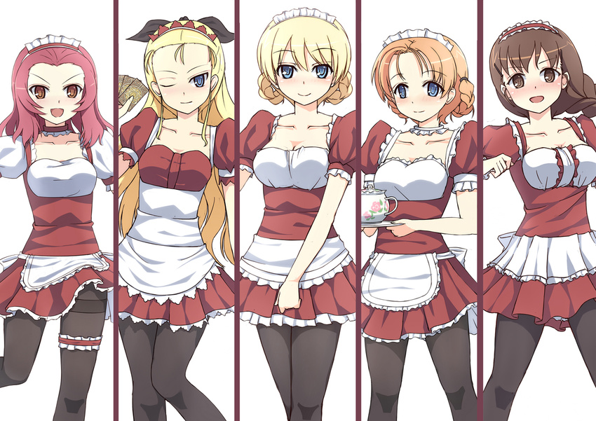 alternate_costume apron assam bangs black_legwear blonde_hair blue_eyes blush braid breasts brown_hair choker cleavage cowboy_shot darjeeling dress enmaided girls_und_panzer hair_pulled_back hair_ribbon holding long_hair looking_at_viewer maid maid_headdress medium_breasts multiple_girls open_mouth orange_hair orange_pekoe pantyhose parted_bangs pleated_dress puffy_short_sleeves puffy_sleeves red_dress red_hair ribbon rosehip rukuriri saucer short_dress short_hair short_sleeves single_braid smile srwsrx_(gp03dsrx) standing teapot thigh_strap thighband_pantyhose tied_hair tray twin_braids