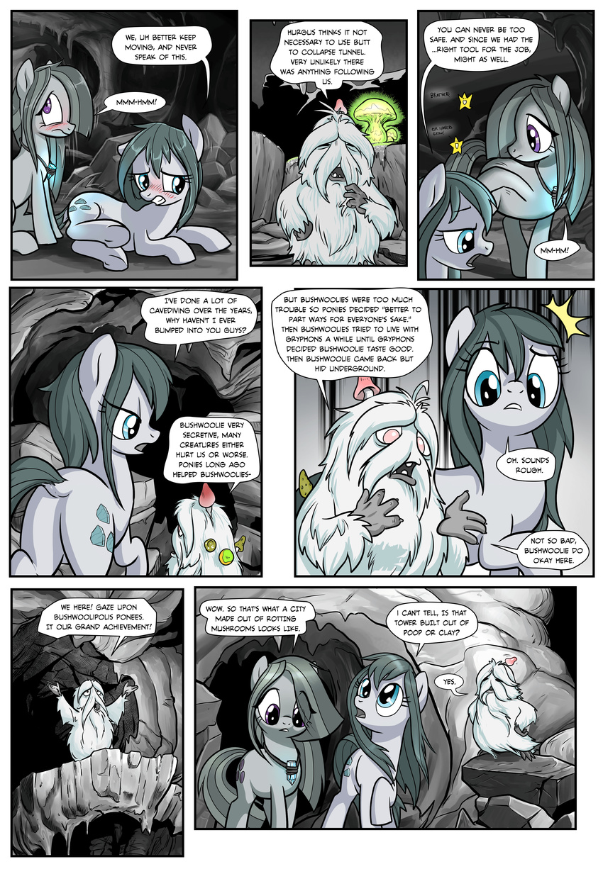 absurd_res awkward blue_eyes blush bushwoolies cave cloudy_quartz_(mlp) comic cutie_mark daughter dialogue earth_pony embarrassed equine fan_character female feral friendship_is_magic fur grey_fur hair hi_res horse hurgus_(oc) lying mammal marble_pie_(mlp) monochrome mother mother_and_daughter multicolored_hair my_little_pony parent pencils_(artist) pony purple_eyes red_eyes star two_tone_hair