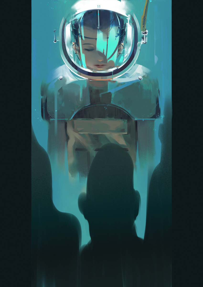 androgynous bad_id bad_pixiv_id cable child eleven_(stranger_things) helmet highres jn3 lips multiple_boys realistic reflection science_fiction scientist scuba_gear sensor sensory_deprivation short_hair spoilers stranger_things tank_(container) tube vest water window