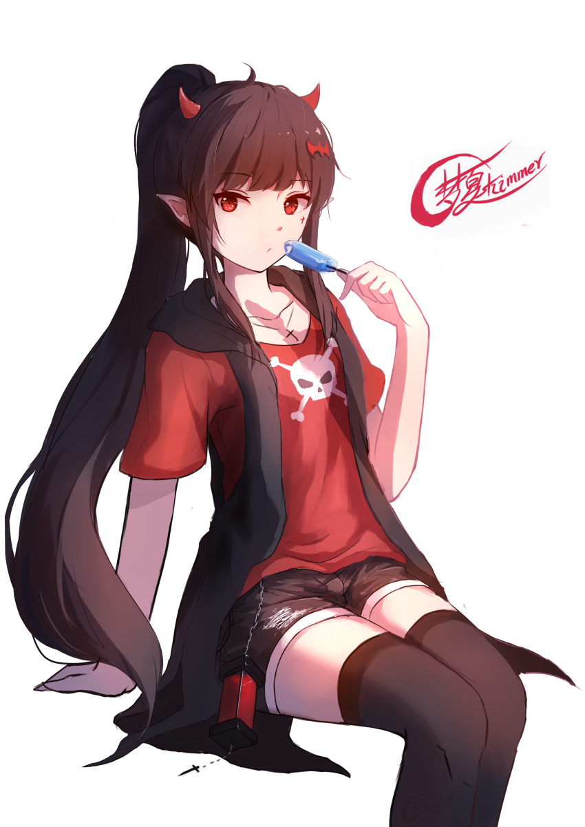 1girl absurdres artist_name bangs black_hair brown_shorts closed_mouth collarbone commentary cross eating eyebrows_visible_through_hair flat_chest hand_on_ground highres holding horns ice jacket leggings long_hair long_ponytail looking_to_the_side original pointy_ears ponytail red_eyes red_horns red_shirt shimmer shirt shorts signature simple_background sitting skull thighhighs white_background zettai_ryouiki