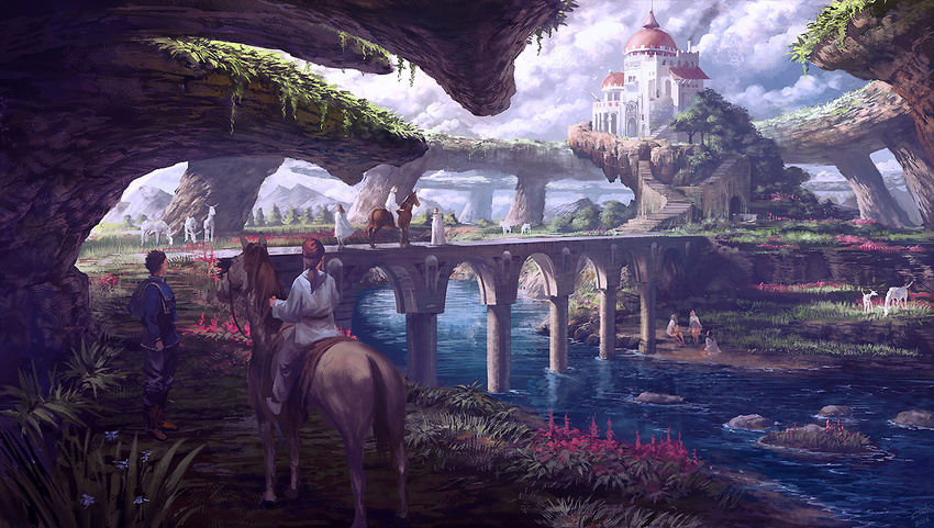 1girl arch bird boots bridge brown_hair building castle cloud cloudy_sky copyright_request dome fantasy flower flying forest head_scarf horse horseback_riding long_hair mountain nature noba on_ground outdoors pants path people ponytail riding river road robe scenery sitting sky spire stairs standing tree