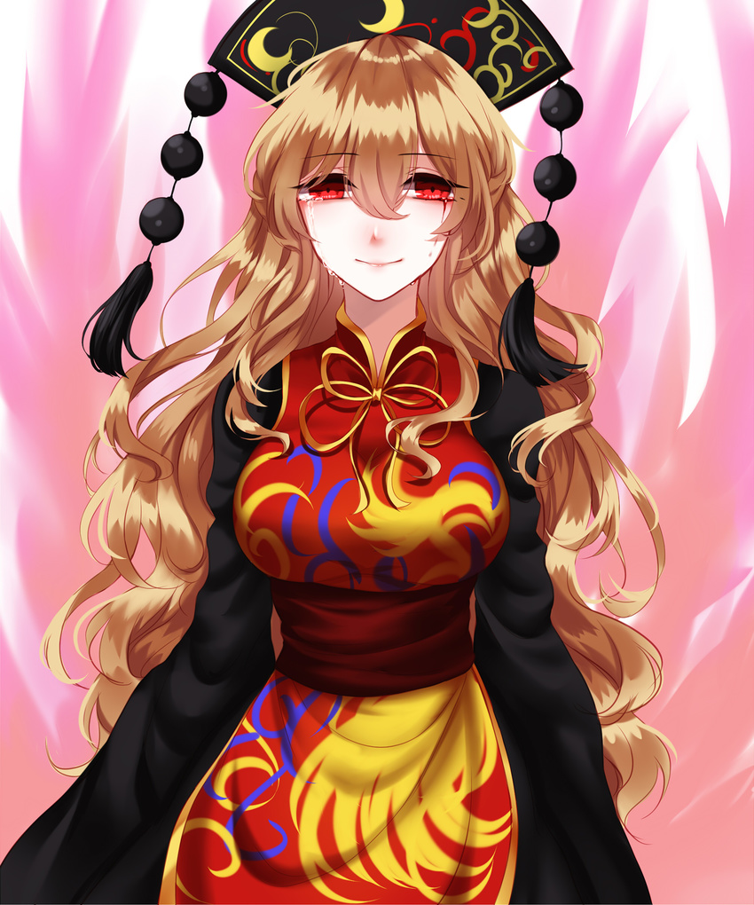 absurdres bad_id bad_pixiv_id blonde_hair blood bloody_tears chinese_clothes cowboy_shot crescent crying crying_with_eyes_open energy fire hair_between_eyes hat highres junko_(touhou) long_hair long_sleeves looking_at_viewer pink_fire red_eyes sash sheya smile solo tabard tassel tears touhou