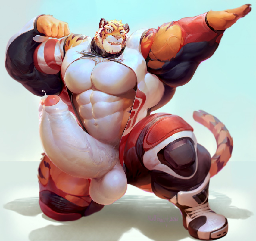 abs anthro armpits belly biceps big_biceps big_muscles blue_eyes clothing feline flexing front_view fur huge_muscles huge_penis looking_at_viewer male mammal manly muscular muscular_male nolan null-ghost open_mouth orange_fur pecs penis pose precum simple_background smile solo standing teeth tiger tongue torn_clothing vein