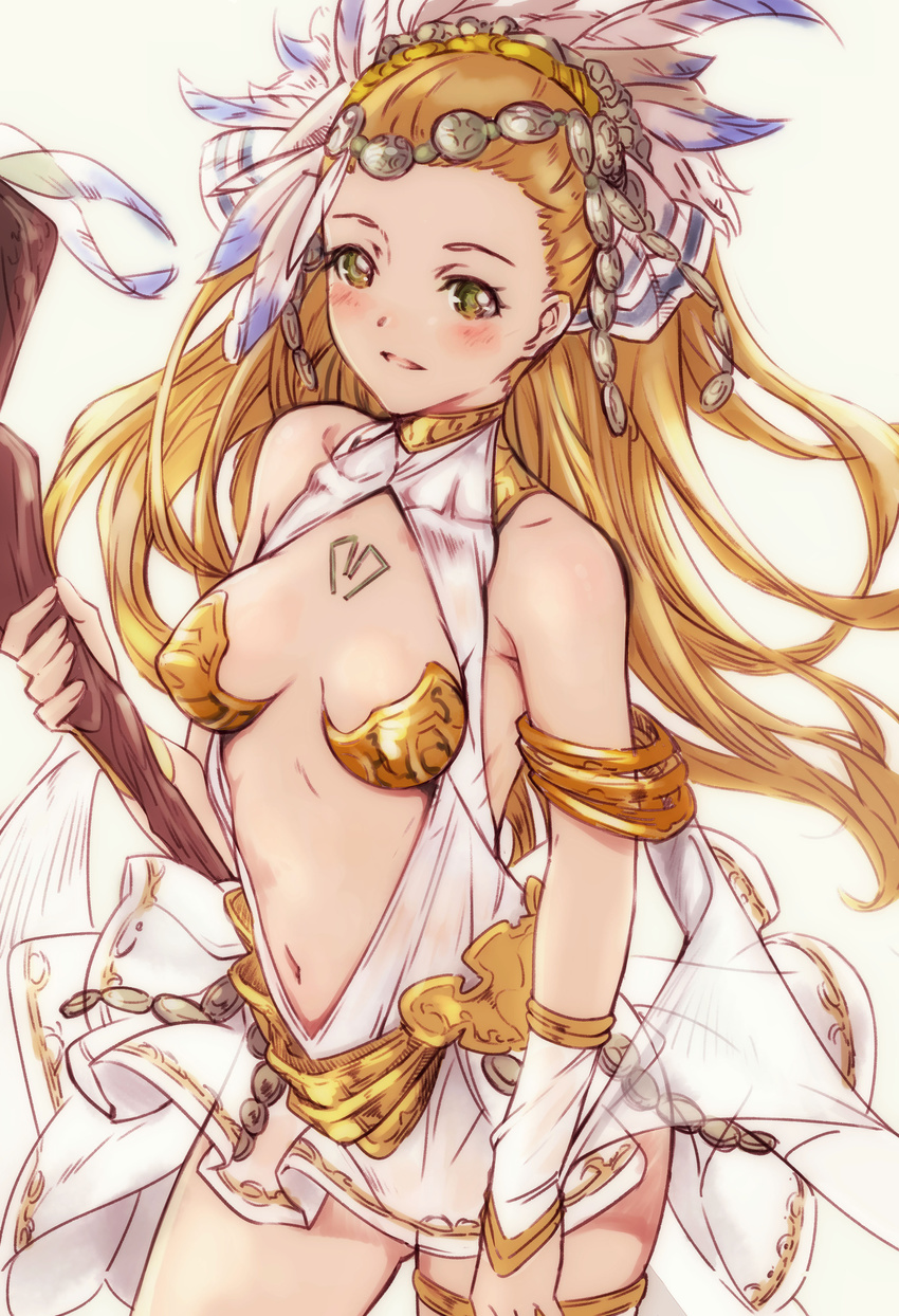 absurdres armlet bare_shoulders blonde_hair blush breasts center_opening cleavage dress feathers granblue_fantasy hair_ornament highres jewelry long_hair looking_at_viewer navel niko_(tama) petra_(granblue_fantasy) ponytail scepter sleeveless sleeveless_dress small_breasts smile solo white_dress wristband yellow_eyes