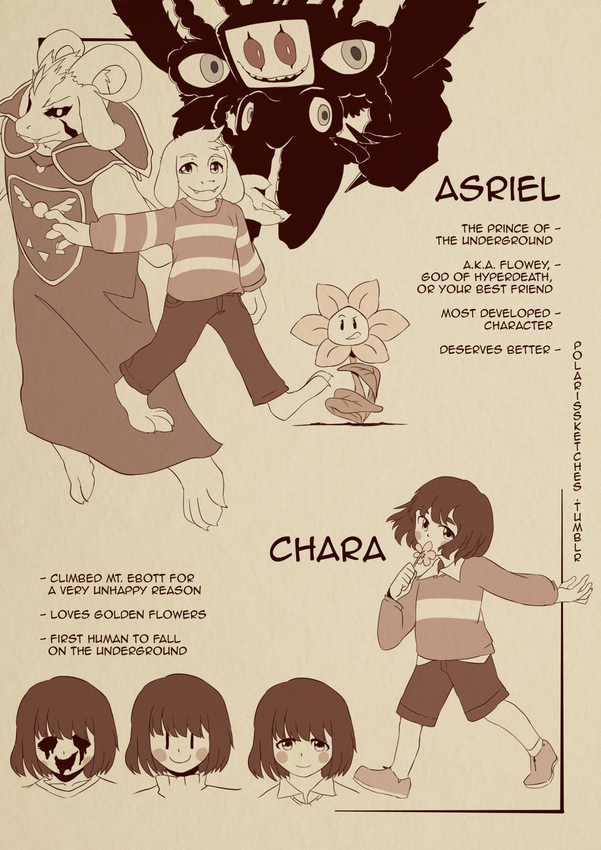 androgynous asriel_dreemurr blush_stickers chara_(undertale) character_name character_sheet claws english extra_eyes fangs flower flowey_(undertale) furry highres horns md5_mismatch monochrome monster_boy multiple_persona older open_mouth photoshop_flowey polaris_(polarissketches) popped_collar sepia shirt shorts smile spoilers striped striped_shirt undertale walking watermark web_address |_|