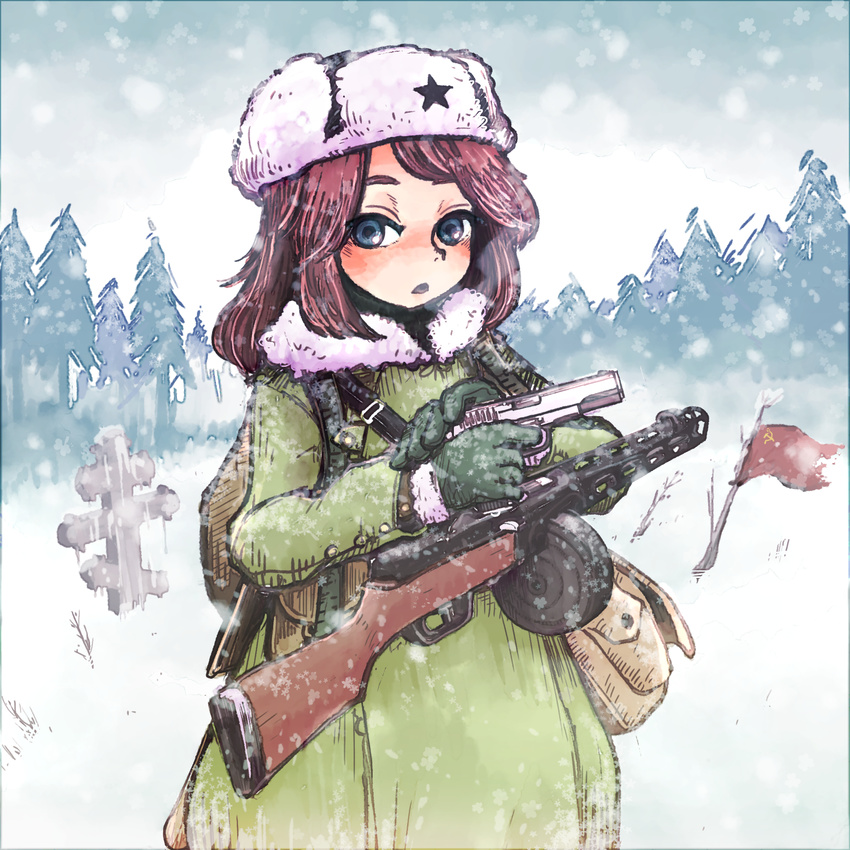 backpack bag bangs blue_eyes blush breath cloud cloudy_sky coat commentary_request cowboy_shot doe774 flag forest fur_hat fur_trim gloves green_gloves gun handgun hat highres holding holding_gun holding_weapon long_hair long_sleeves looking_at_viewer military military_uniform nature open_eyes open_mouth original outdoors pistol ppsh-41 red_hair sky snow snowing solo soviet_flag star submachine_gun tokarev_tt-33 tombstone tree uniform ushanka weapon winter winter_clothes