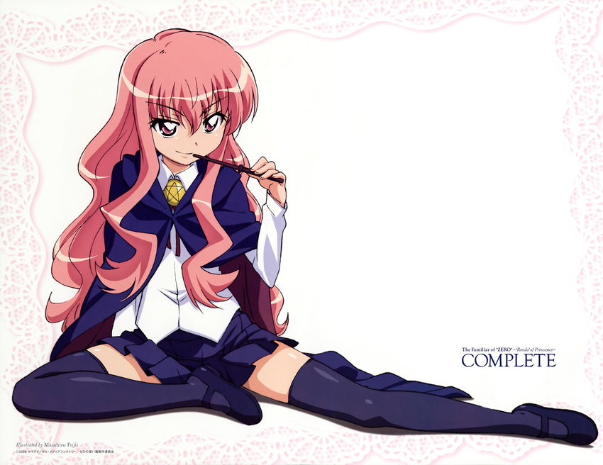 2008 absurdres copyright_name flat_chest fujii_masahiro full_body highres legs long_hair louise_francoise_le_blanc_de_la_valliere mary_janes naughty_face pentacle pink_eyes pink_hair school_uniform shoes sitting smile solo thighhighs wand white_background zero_no_tsukaima zettai_ryouiki