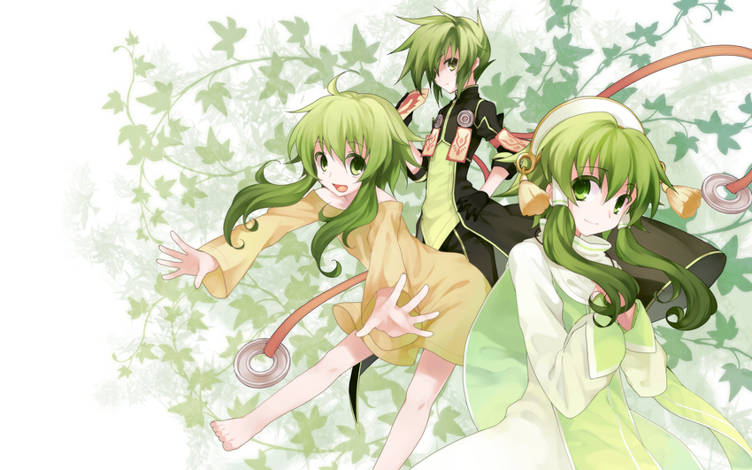 barefoot colored_eyelashes florian_(tales) green green_eyes green_hair hair_tubes hands highres ion koto_(colorcube) long_hair looking_at_viewer male_focus multiple_boys outstretched_hand short_hair_with_long_locks sidelocks smile sync tales_of_(series) tales_of_the_abyss tassel wallpaper