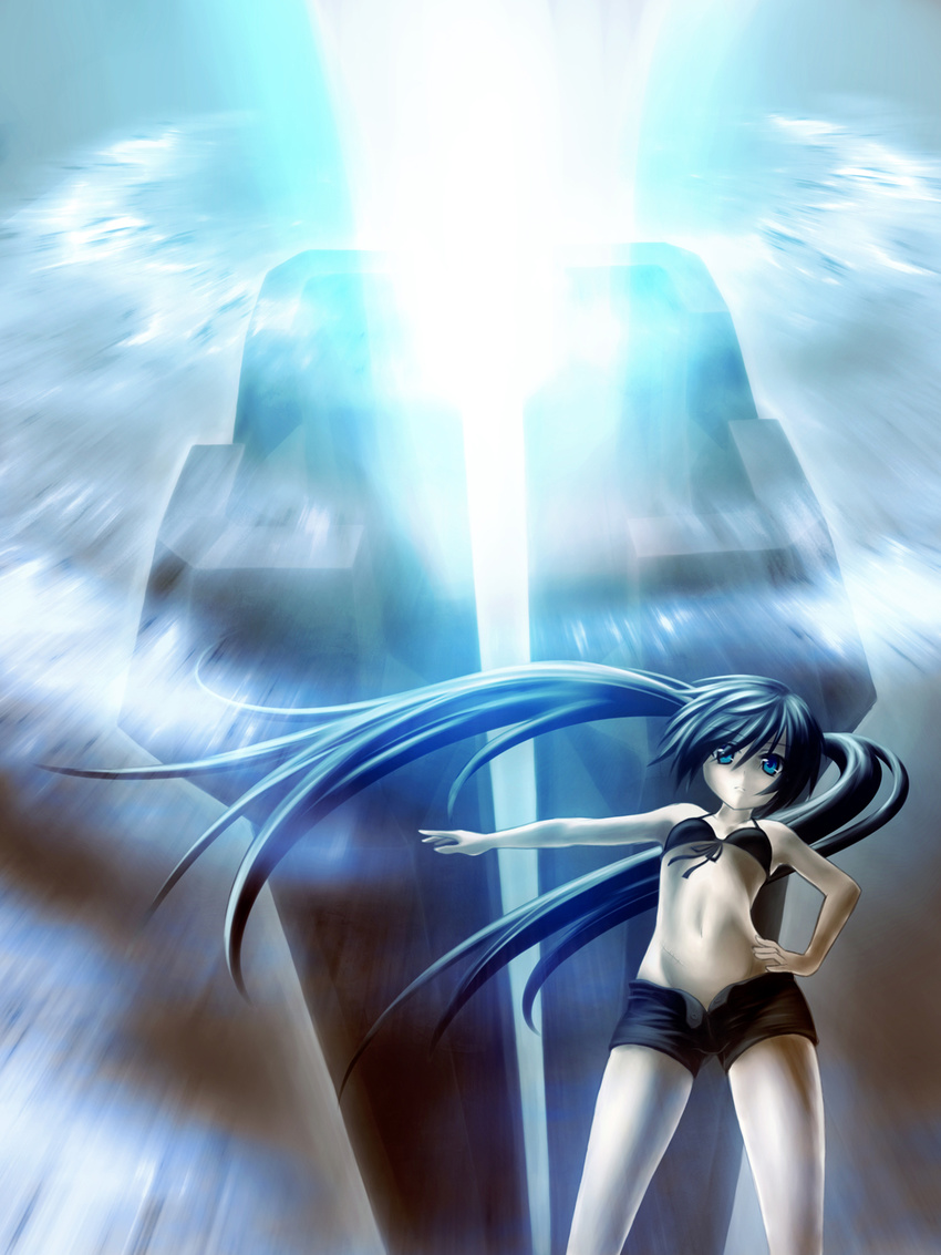 bad_id bad_pixiv_id bikini_top black_rock_shooter black_rock_shooter_(character) garuku green_eyes highres long_hair midriff shorts solo twintails