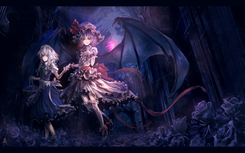 archlich basket bat_wings braid floating flower frills gothic hat holding_hands izayoi_sakuya moon multiple_girls red_eyes remilia_scarlet rose thighhighs too_many too_many_frills touhou twin_braids wallpaper wings