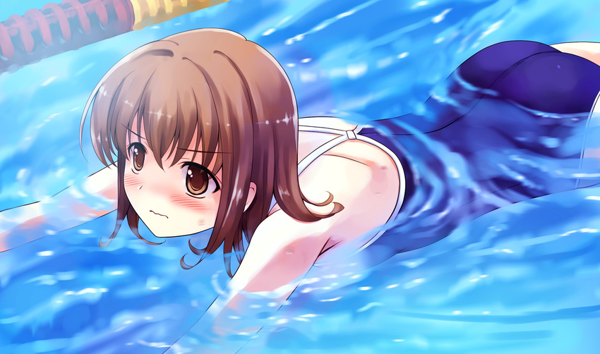 blush brown_eyes brown_hair competition_school_swimsuit game_cg highres misaki_kurehito one-piece_swimsuit pool school_swimsuit solo suiheisen_made_nan_mile? swimsuit tsuyazaki_kokage wavy_mouth