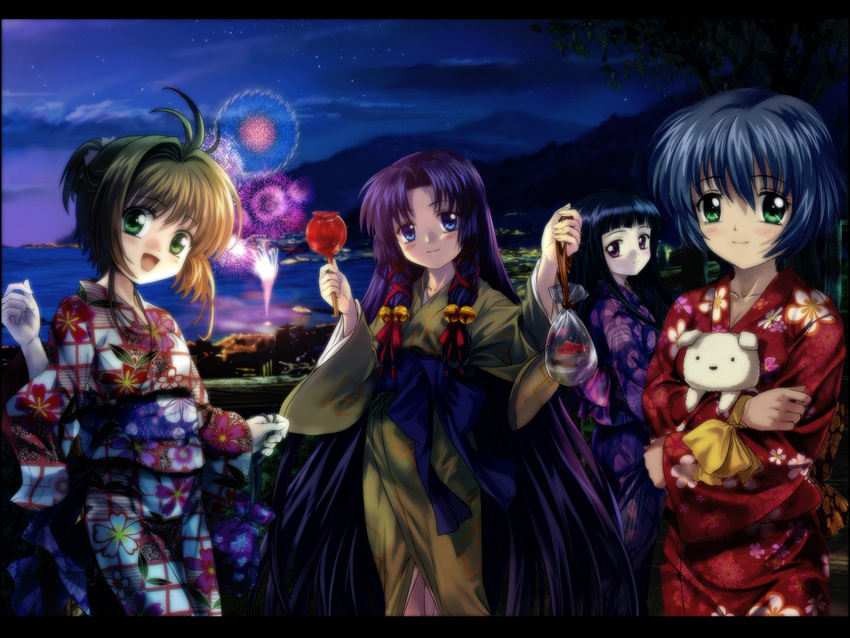 aerial_fireworks air bag bagged_fish candy_apple cardcaptor_sakura crossover daidouji_tomoyo fireworks fish food goldfish highres japanese_clothes kannabi_no_mikoto kimono kinomoto_sakura kirishima_kano multiple_girls mutsuki_(moonknives) night night_sky potato_(air) sky yukata