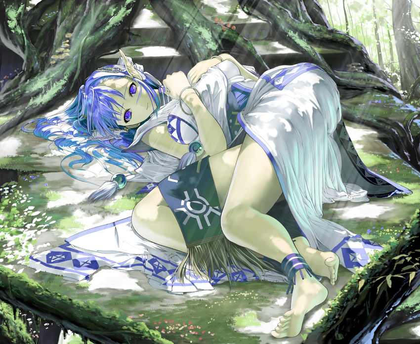 anklet bad_feet bad_id bad_pixiv_id barefoot blue_hair bracelet breasts feet forest hair_ornament hairclip hands_on_own_chest jewelry large_breasts legs light_rays long_hair lying moss mushroom nakabayashi_reimei nature olha_(ys) pointy_ears purple_eyes roots smile soles solo sunbeam sunlight toes tree under_tree ys ys_vi_ark_of_napishtim