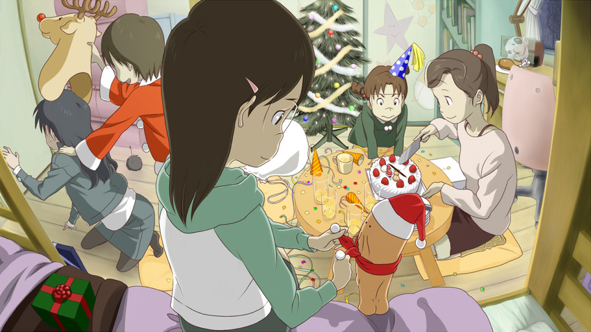 amasawa_yuuko black_hair brown_eyes brown_hair character_request christmas christmas_lights christmas_tree dennou_coil fisheye hashimoto_fumie multiple_girls okonogi_kyouko okonogi_yuuko oyaji raglan_sleeves short_hair