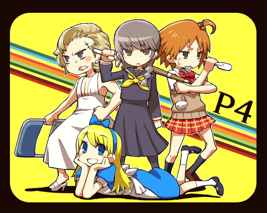 :&lt; ahoge alice_(wonderland) alice_(wonderland)_(cosplay) alice_in_wonderland black_serafuku braid chan_co cosplay crossdressing hairband hanamura_yousuke kuma_(persona_4) ladle long_hair mary_janes multiple_boys narukami_yuu otoko_no_ko pantyhose persona persona_4 plaid plaid_skirt scar school_uniform serafuku shinai shoes short_hair skirt socks spatula stitches sukeban sword tatsumi_kanji weapon yasogami_school_uniform